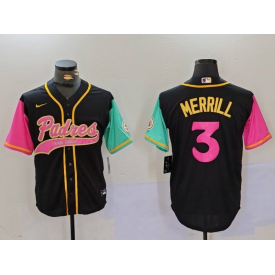 Men San Diego Padres 3 Jackson Merrill Black Cool Base Stitched Baseball Jersey 9