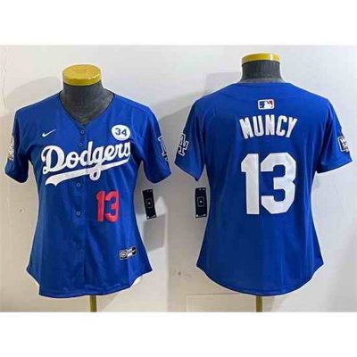 Women Los Angeles Dodgers 13 Max Muncy Royal 2024 World Series With No  34 Patch Alternate Limited Stitched Baseball Jersey