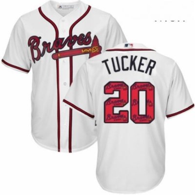 Mens Majestic Atlanta Braves 20 Preston Tucker Authentic White Team Logo Fashion Cool Base MLB Jersey