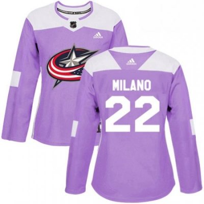 Womens Adidas Columbus Blue Jackets 22 Sonny Milano Authentic Purple Fights Cancer Practice NHL Jersey