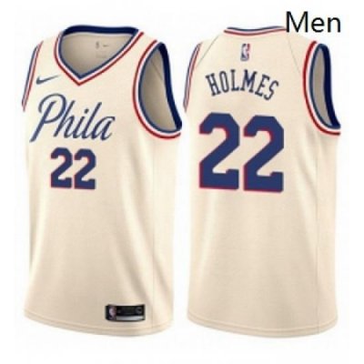 Mens Nike Philadelphia 76ers 22 Richaun Holmes Swingman Cream NBA Jersey City Edition