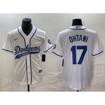 Men Los Angeles Dodgers 17 Shohei Ohtani White Cool Base With Patch Stitched Baseball Jersey