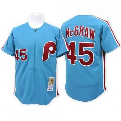 Mens Mitchell and Ness Philadelphia Phillies 45 Tug McGraw Replica Blue Throwback MLB Jersey