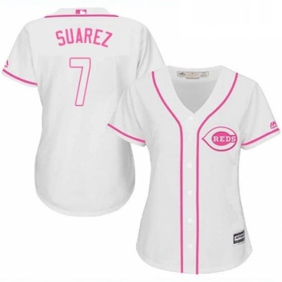 Womens Majestic Cincinnati Reds 7 Eugenio Suarez Replica White Fashion Cool Base MLB Jersey