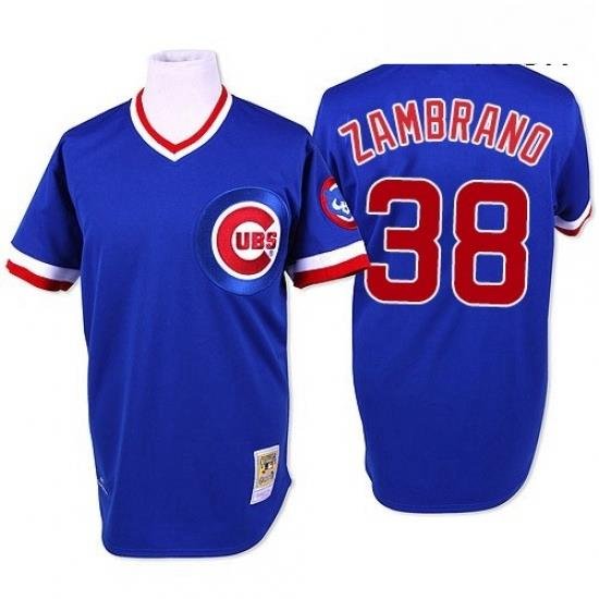 Mens Mitchell and Ness Chicago Cubs 38 Carlos Zambrano Replica Blue Throwback MLB Jersey