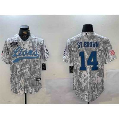 Men Detroit Lions 14 Amon Ra St Brown 2024 Arctic Camo Salute To Service Stitched Baseball Jersey