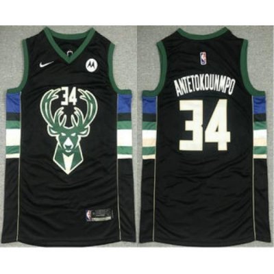 Men Men Milwaukee Bucks 34 Giannis Antetokounmpo Black 2021 Nike Swingman Stitched Jersey With NEW Sponsor Logo