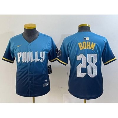 youth philadelphia phillies 28 alec bohm blue 2024 city connect limited stitched baseball jersey T