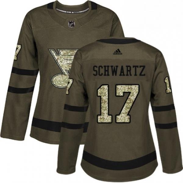 Womens Adidas St Louis Blues 17 Jaden Schwartz Authentic Green Salute to Service NHL Jersey