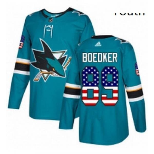 Youth Adidas San Jose Sharks 89 Mikkel Boedker Authentic Teal Green USA Flag Fashion NHL Jersey