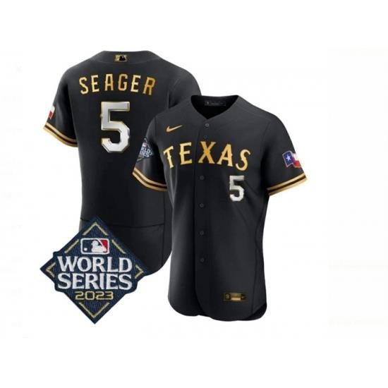 Men Texas Rangers 5 Corey Seager Black Gold 2023 World Series Flex Base Stitched Baseball Jersey