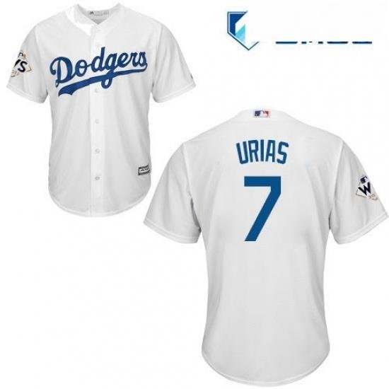 Mens Majestic Los Angeles Dodgers 7 Julio Urias Replica White Home 2017 World Series Bound Cool Base MLB Jersey