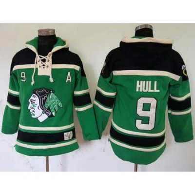 Men Chicago Blackhawks 9 Bobby Hull Green St  Patrick Day McNary Lace Hoodie Stitched NHL Jersey