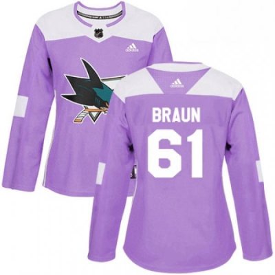 Womens Adidas San Jose Sharks 61 Justin Braun Authentic Purple Fights Cancer Practice NHL Jersey