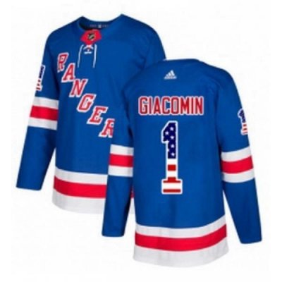 Mens Adidas New York Rangers 1 Eddie Giacomin Authentic Royal Blue USA Flag Fashion NHL Jersey