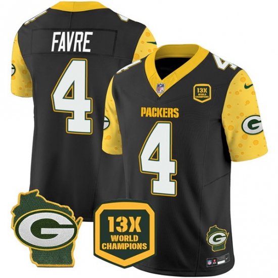 Men Green Bay Packers 4 Brett Favre Cheese Black 2024 F U S E  13 Time World Champions And Home Patch Vapor Untouchable Limited Stitched Football Jersey