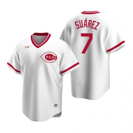 Mens Nike Cincinnati Reds 7 Eugenio Suarez White CooperstoWn Collection Home Stitched Baseball Jersey