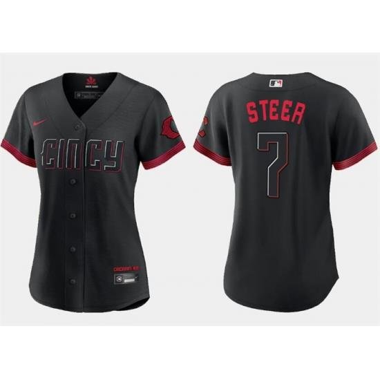 Women Cincinnati Reds 7 Spencer Steer Black 2023 City Connect Stitched Baseball Jersey 28Run Small 29