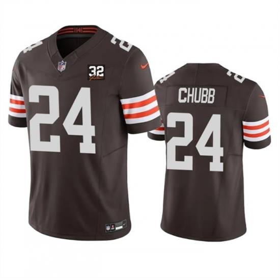 Men Cleveland Browns 24 Nick Chubb Brown 2023 F U S E  With Jim Brown Memorial Patch Vapor Untouchable Limited Stitched Jersey