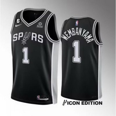 Men San Antonio Spurs 1 Victor Wembanyama Black 2022 23 Icon Edition With NO 6 Patch Stitched Basketball Jersey