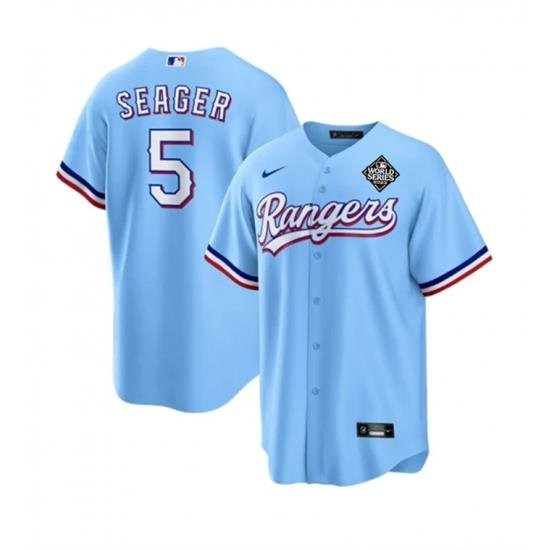 Men Texas Rangers 5 Corey Seager Blue 2023 World Series Stitched Baseball Jersey