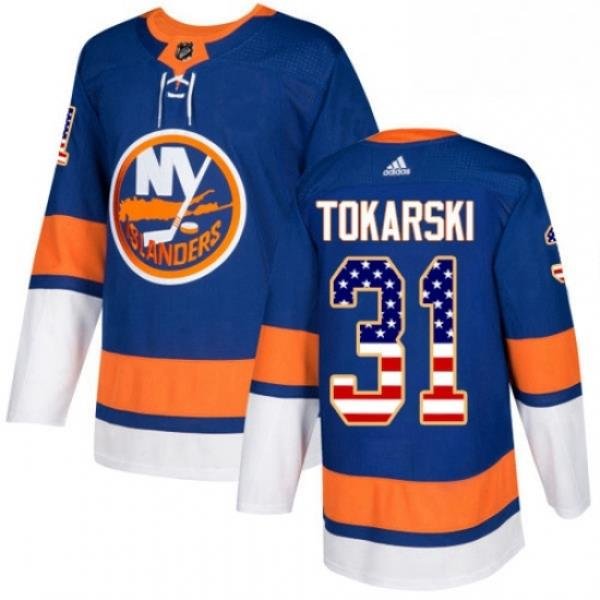 Mens Adidas New York Islanders 31 Dustin Tokarski Authentic Royal Blue USA Flag Fashion NHL Jersey