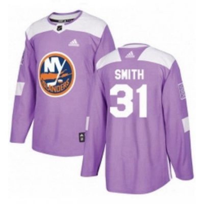 Mens Adidas New York Islanders 31 Billy Smith Authentic Purple Fights Cancer Practice NHL Jersey