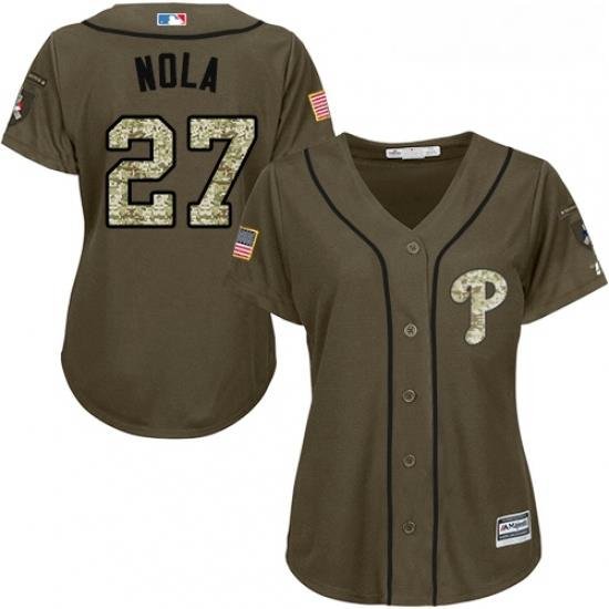 Womens Majestic Philadelphia Phillies 27 Aaron Nola Authentic Green Salute to Service MLB Jersey