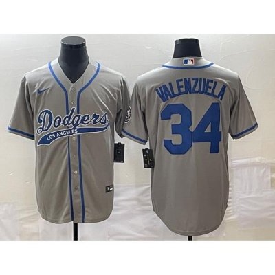 Men's Los Angeles Dodgers #34 Fernando Valenzuela Grey With Patch Cool Base Stitched Baseball Jersey1