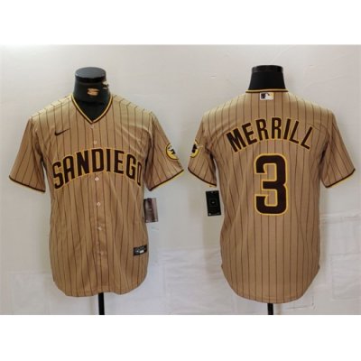 Men San Diego Padres 3 Jackson Merrill Tan Cool Base Stitched Baseball Jersey