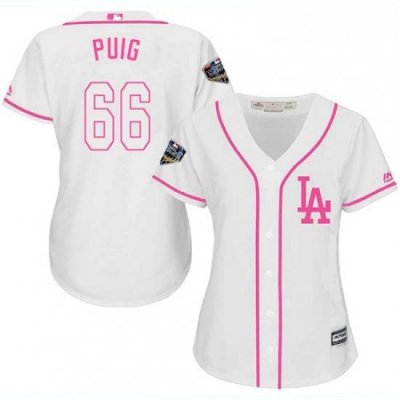 Womens Majestic Los Angeles Dodgers 66 Yasiel Puig Authentic White Fashion Cool Base 2018 World Series MLB Jersey