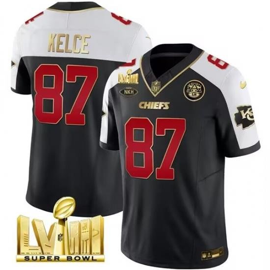 Men Kansas City Chiefs 87 Travis Kelce Black White 2024 F U S E  Super Bowl LVIII Patch With NKH Patch Vapor Untouchable Limited Stitched Football Jersey