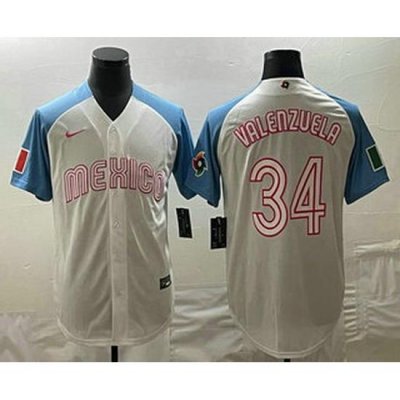 Men's Mexico Baseball #34 Fernando Valenzuela 2023 White Blue World Classic Stitched Jersey