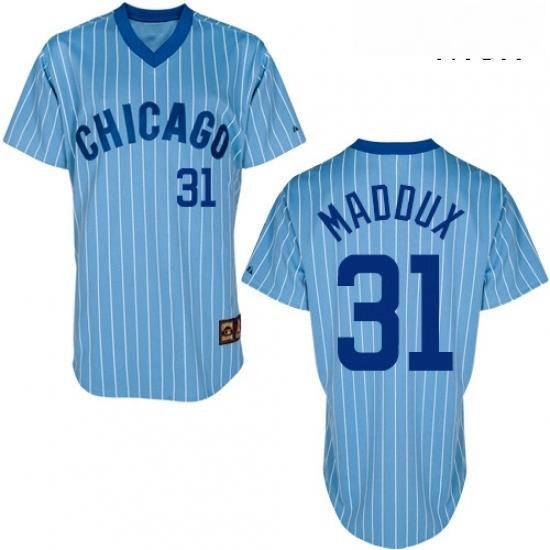 Mens Majestic Chicago Cubs 31 Greg Maddux Replica BlueWhite Strip Cooperstown Throwback MLB Jersey