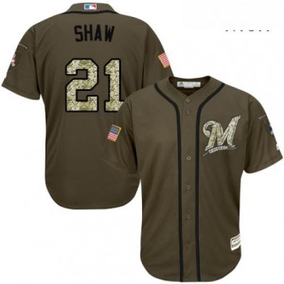 Mens Majestic Milwaukee Brewers 21 Travis Shaw Replica Green Salute to Service MLB Jersey