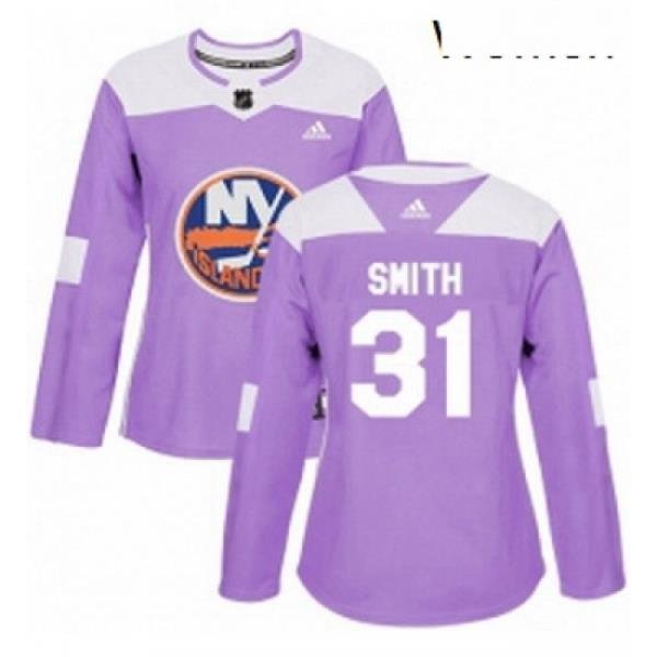 Womens Adidas New York Islanders 31 Billy Smith Authentic Purple Fights Cancer Practice NHL Jersey