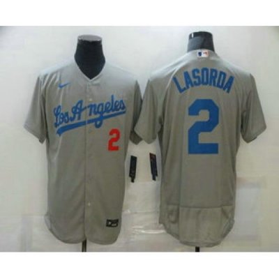 Men Los Angeles Dodgers 2 Tommy Lasorda Grey Stitched MLB Flex Base Nike Jersey