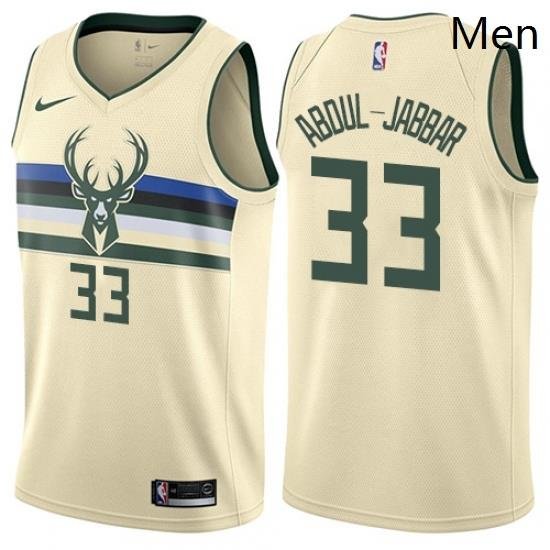 Mens Nike Milwaukee Bucks 33 Kareem Abdul Jabbar Swingman Cream NBA Jersey City Edition