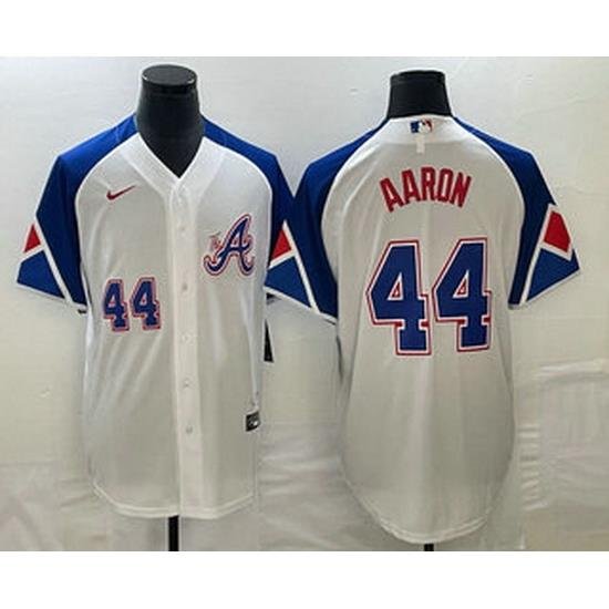 Mens Atlanta Braves #44 Hank Aaron Number White 2023 City Connect Cool Base Stitched Jersey