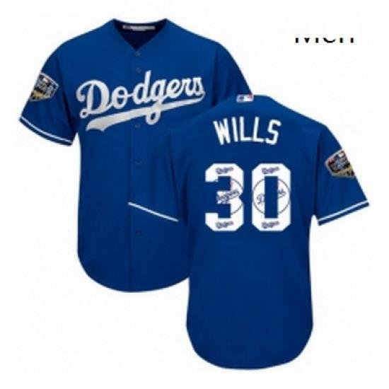 Mens Majestic Los Angeles Dodgers 30 Maury Wills Authentic Royal Blue Team Logo Fashion Cool Base 2018 World Series MLB Jersey