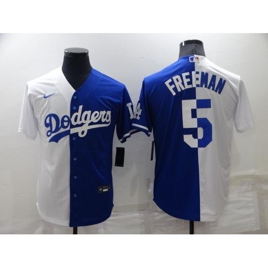 Men Los Angeles Dodgers 5 Freddie Freeman White Blue Split Cool Base Stitched Baseball Jerseys