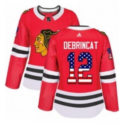 Womens Adidas Chicago Blackhawks 12 Alex DeBrincat Authentic Red USA Flag Fashion NHL Jersey