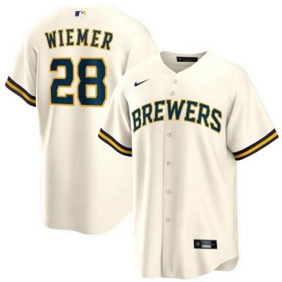 Men Milwaukee Brewers 28 Joey Wiemer Cream Cool Base Stitched Jersey