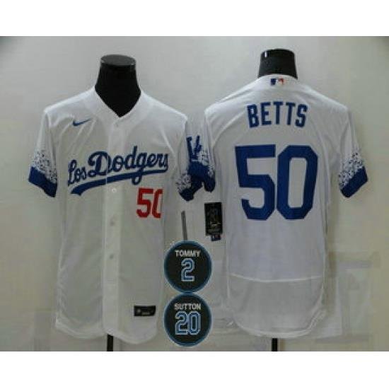 Men Los Angeles Dodgers 50 Mookie Betts White 2 20 Patch City Connect Flex Base Stitched Jersey