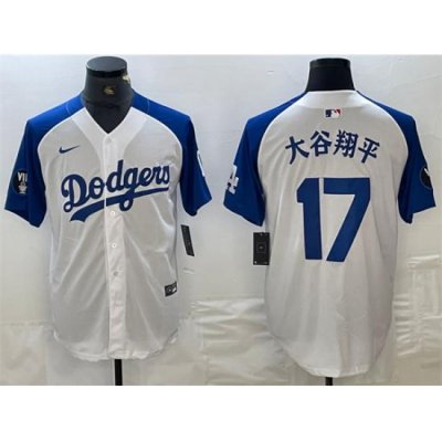 Men Los Angeles Dodgers 17  Shohei Ohtani White Blue Vin Patch Cool Base Stitched Baseball Jersey