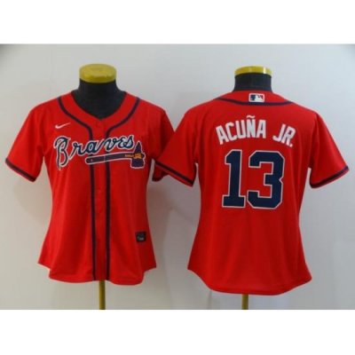 Women Braves 13 Ronald Acuna Jr  Red Women 2020 Nike Cool Base Jersey