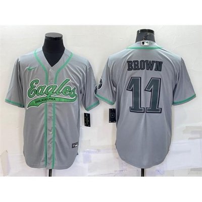 Men Philadelphia Eagles 11 A  J  Brown Grey With Patch Cool Base Stitched Baseball Jersey