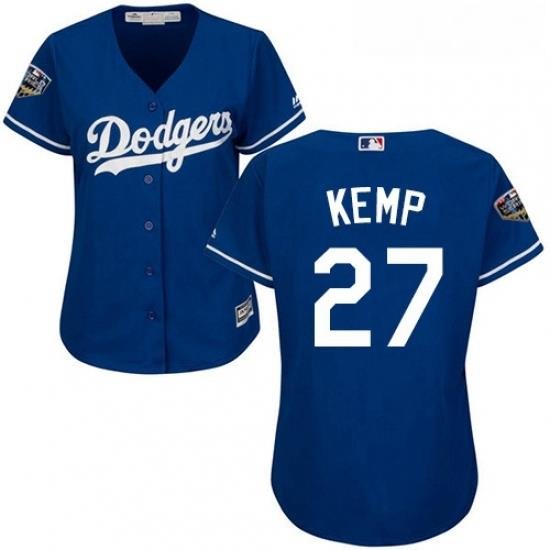 Womens Majestic Los Angeles Dodgers 27 Matt Kemp Authentic Royal Blue Alternate Cool Base 2018 World Series MLB Jersey