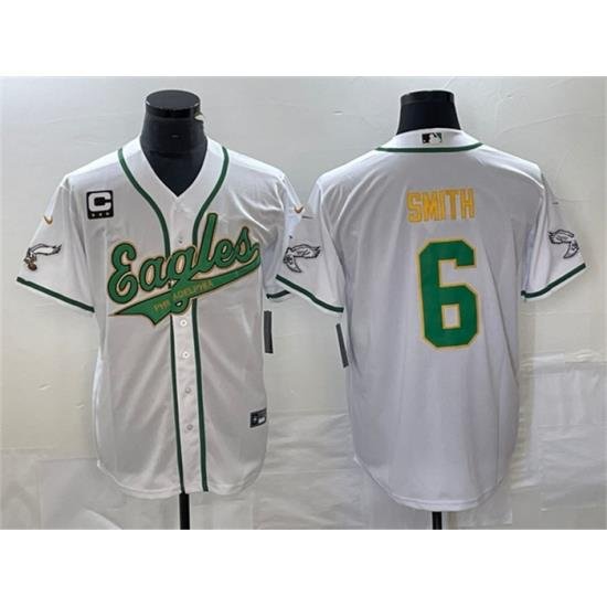 Men Philadelphia Eagles 6 DeVonta Smith White Gold With C Patch Cool Base Stitched Baseball Jersey