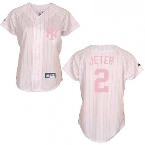 Womens Majestic New York Yankees 2 Derek Jeter Authentic WhitePink Strip MLB Jersey